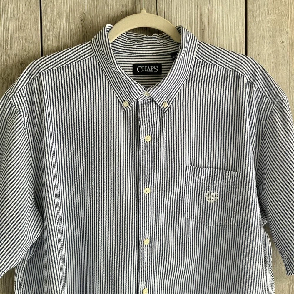 Vintage Seersucker Button Up Shirt Men's XXL Blue White Stripes Classic Preppy